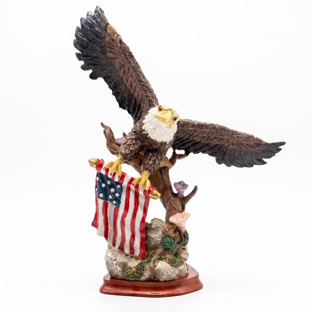 Bald Eagle American Flag Figurine 11x10 Patriotic Resin Statue Morning Glories
